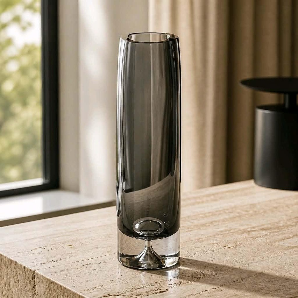 Vintage Smoke Grey Cylinder Vase with Controlled Bubble Base